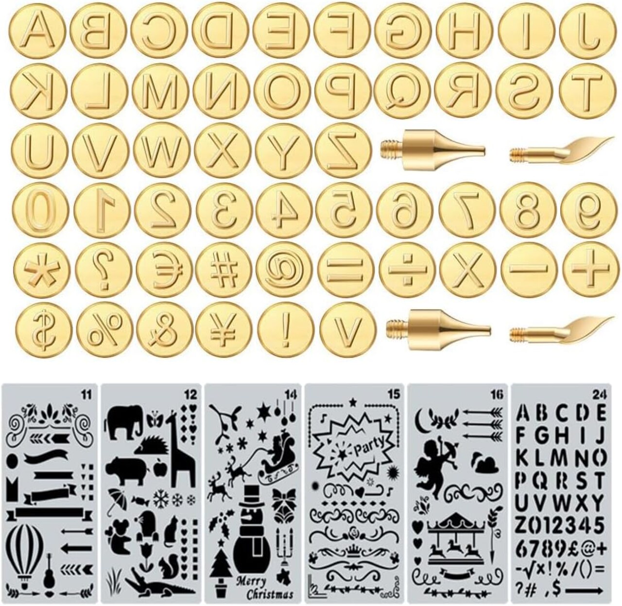 Wood Burning Tips Letters Uppercase Alphabet Number Symbol Branding and Personalization Set (Include 38 Numbers 18 Symbol and 6 Stencils)